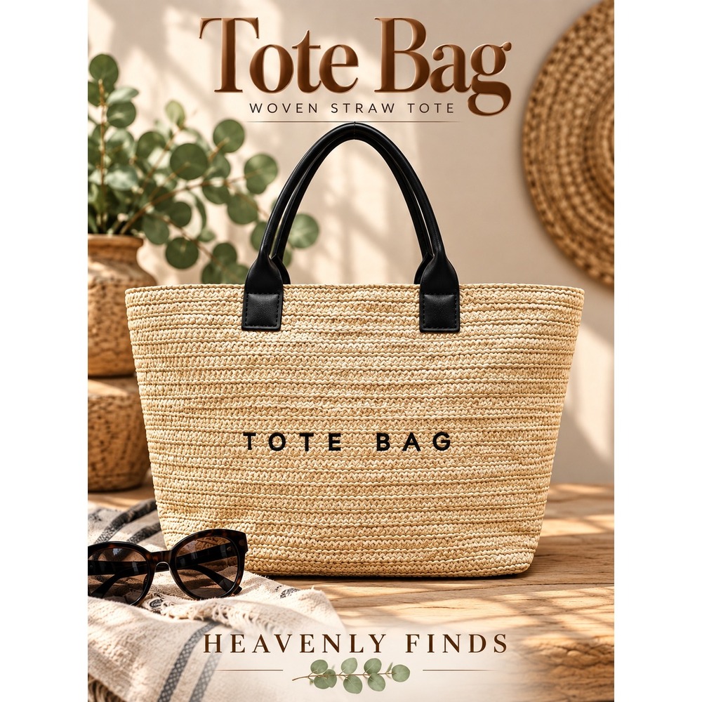 Yuemanqi Woven Straw Tote Bag Large Tan Black Summer Beach Vacation New